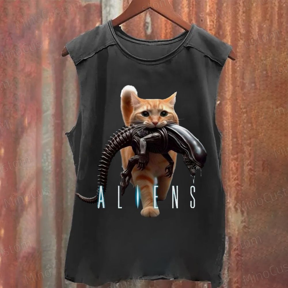 Alien Cat Graphic Washed Tank Top