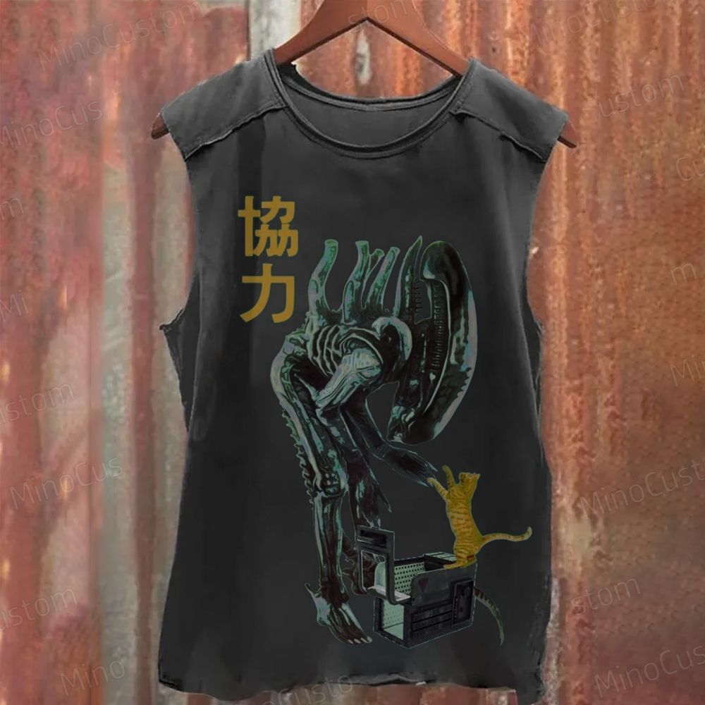 Alien Xenomorph & Cat Vintage Washed Retro Tank Top