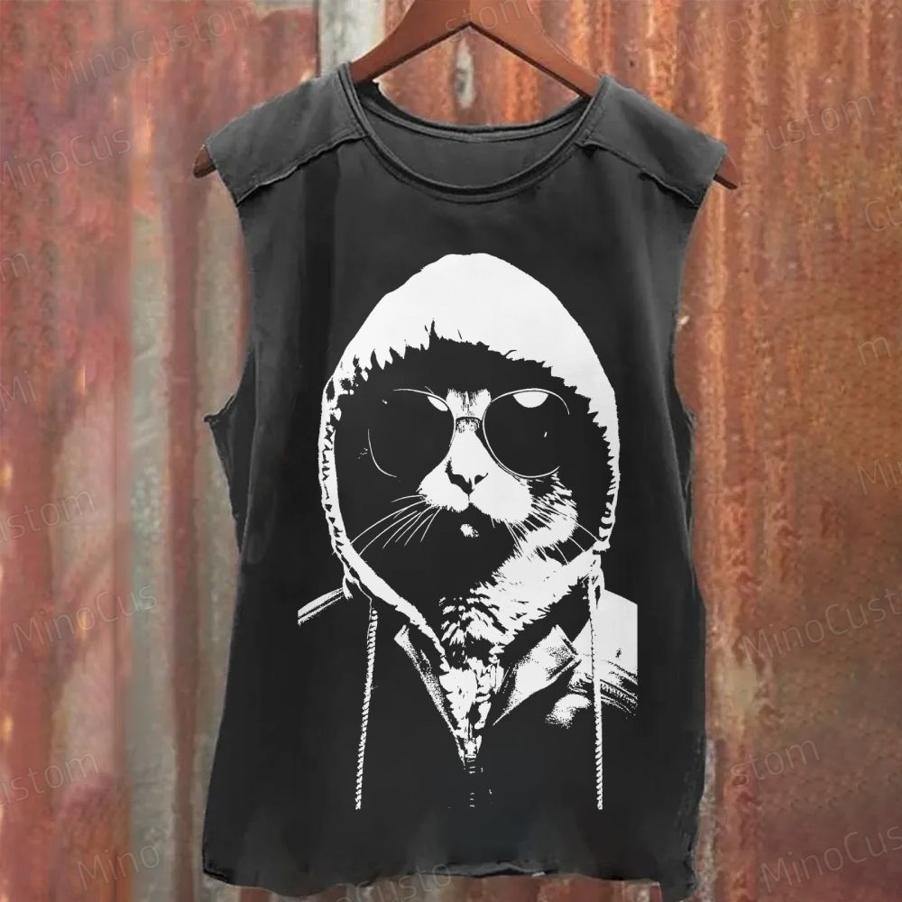 Cool Cat Hoodie Graphic Washed Tank Top 
