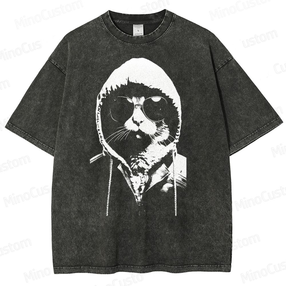Cool Cat Hoodie Graphic Washed T-Shirt 