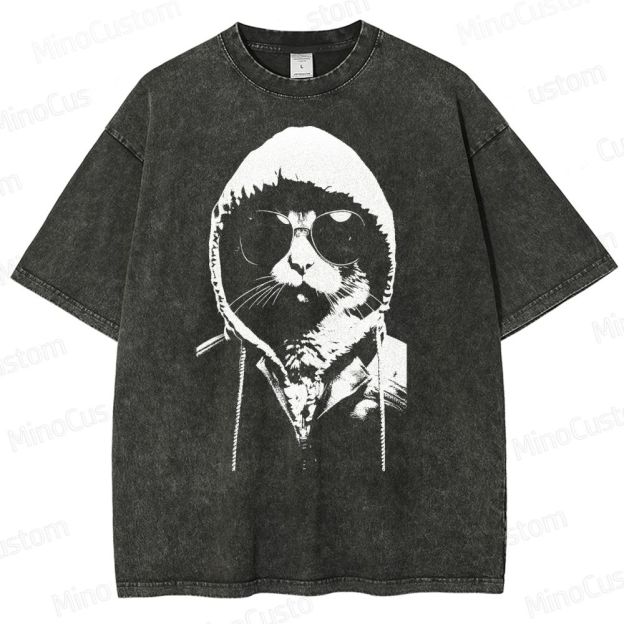 Cool Cat Hoodie Graphic Washed T-Shirt 