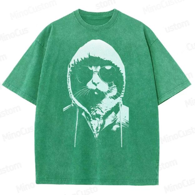 Cool Cat Hoodie Graphic Washed T-Shirt 