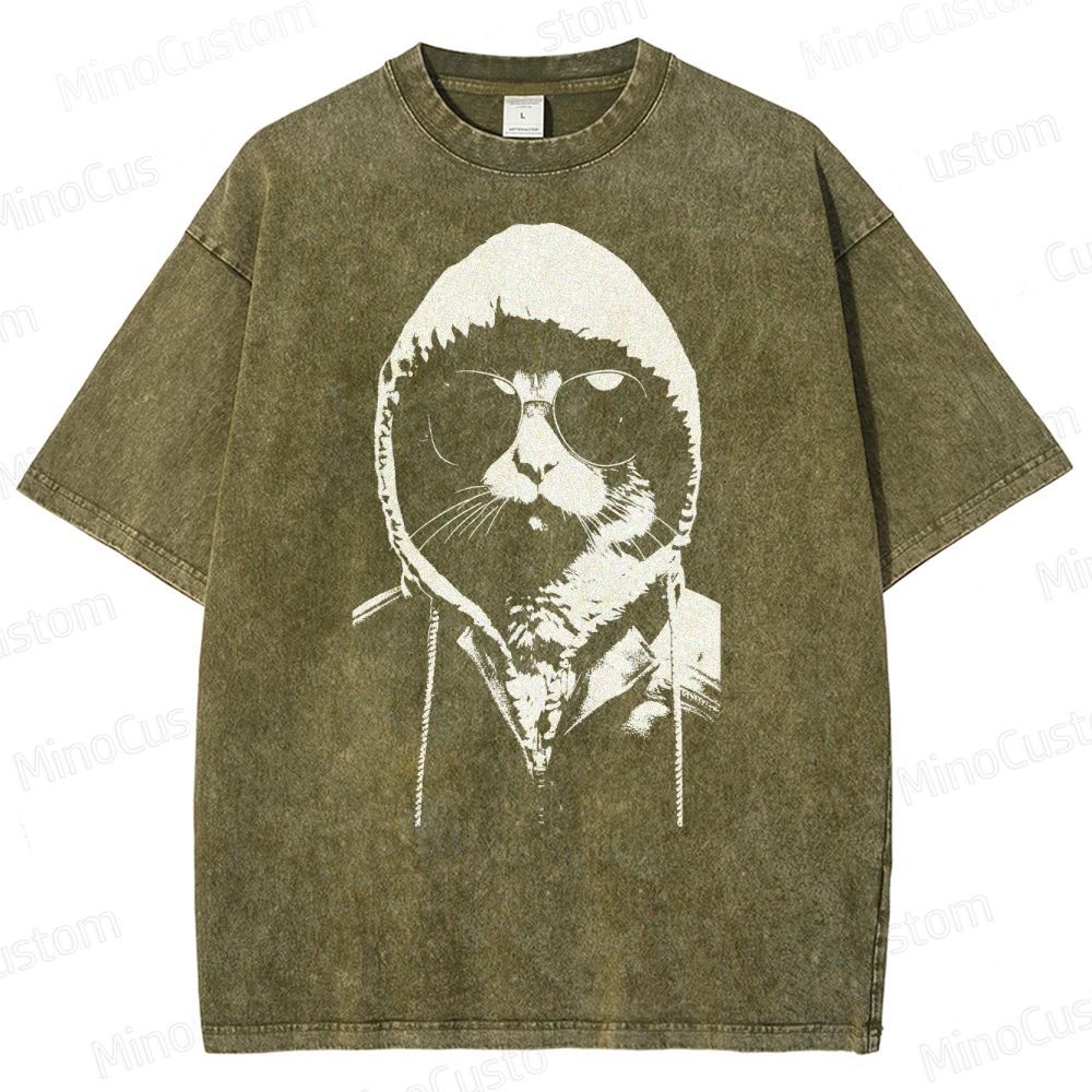 Cool Cat Hoodie Graphic Washed T-Shirt 