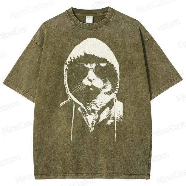Cool Cat Hoodie Graphic Washed T-Shirt 