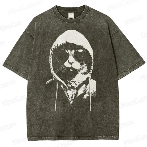 Cool Cat Hoodie Graphic Washed T-Shirt 