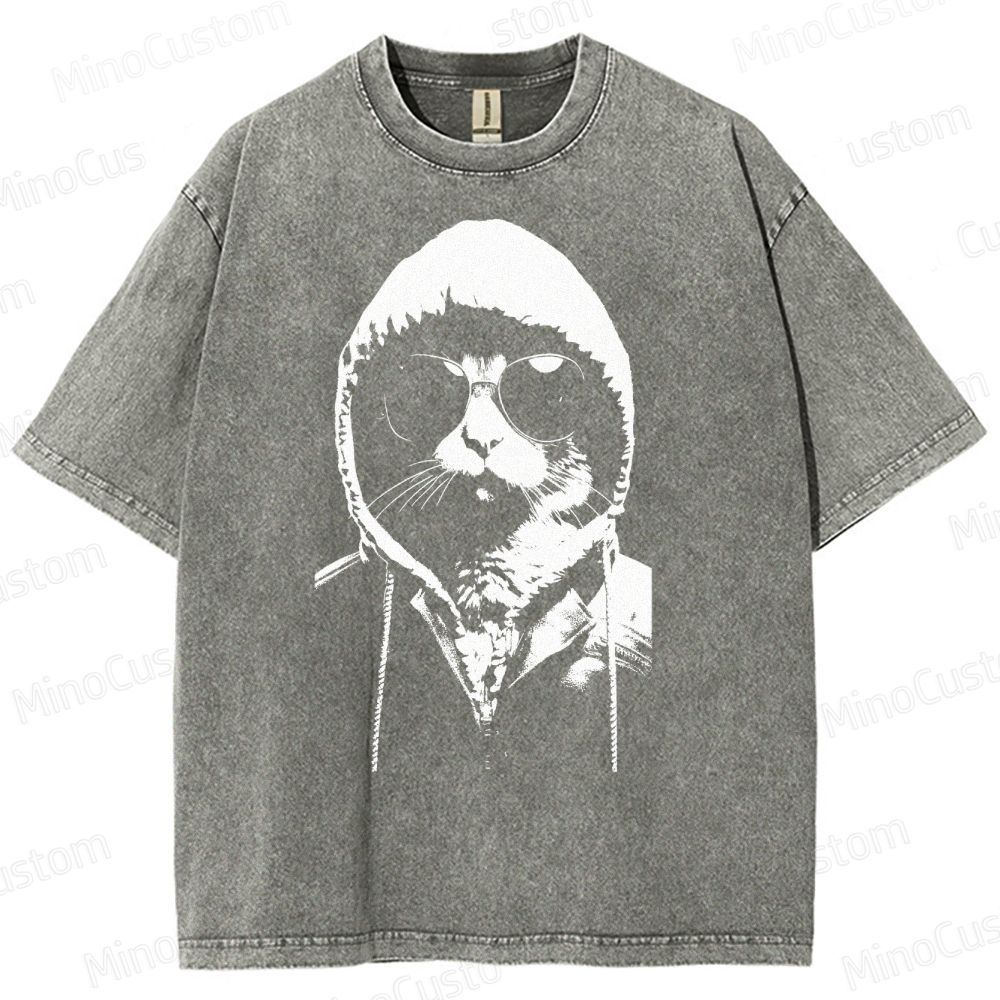 Cool Cat Hoodie Graphic Washed T-Shirt 