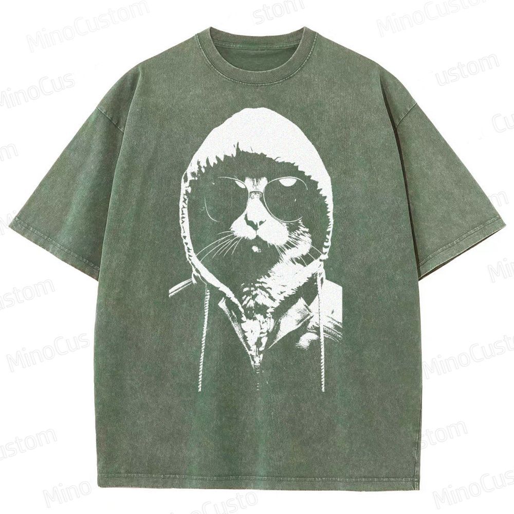 Cool Cat Hoodie Graphic Washed T-Shirt 