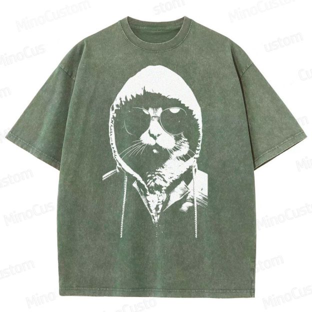 Cool Cat Hoodie Graphic Washed T-Shirt 