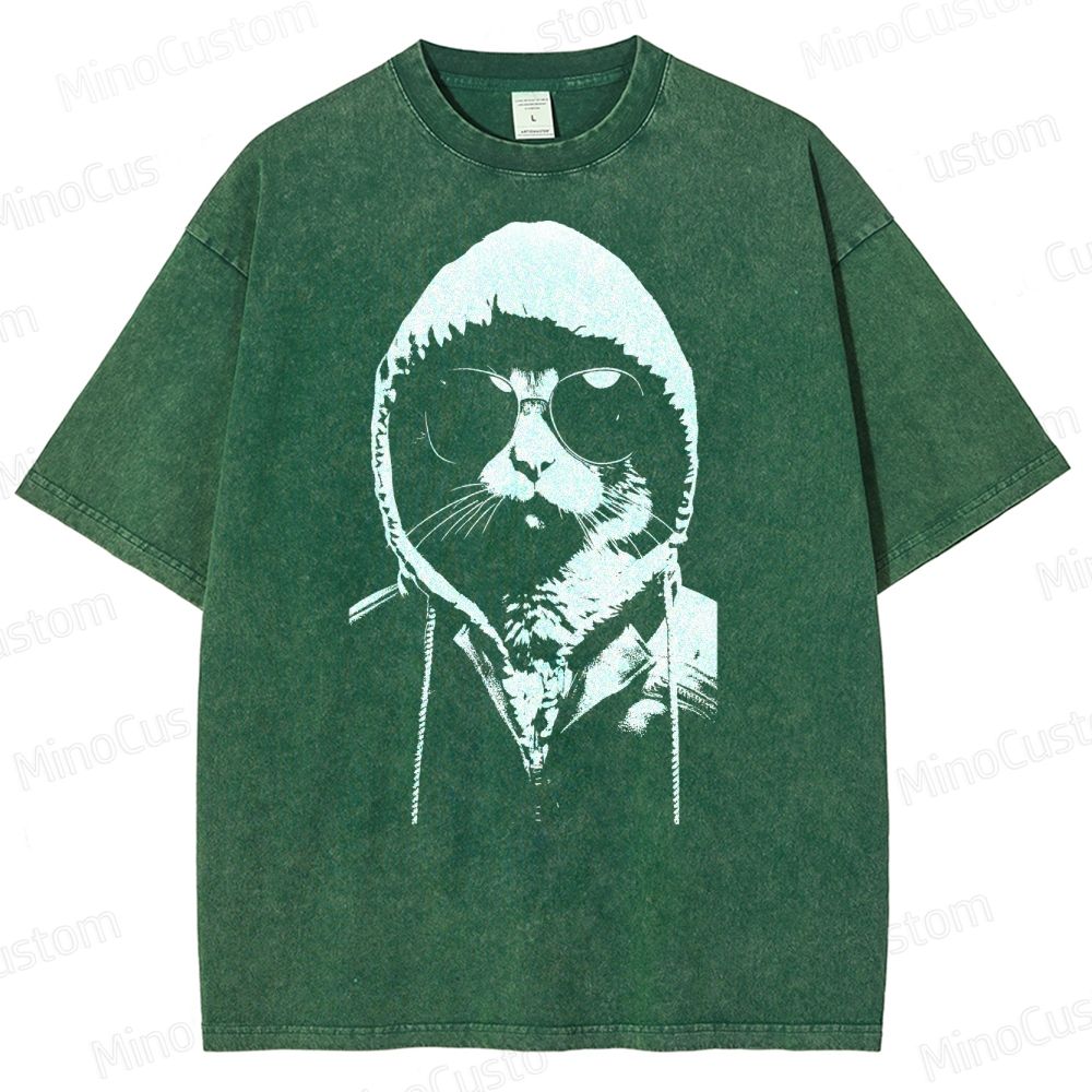 Cool Cat Hoodie Graphic Washed T-Shirt 