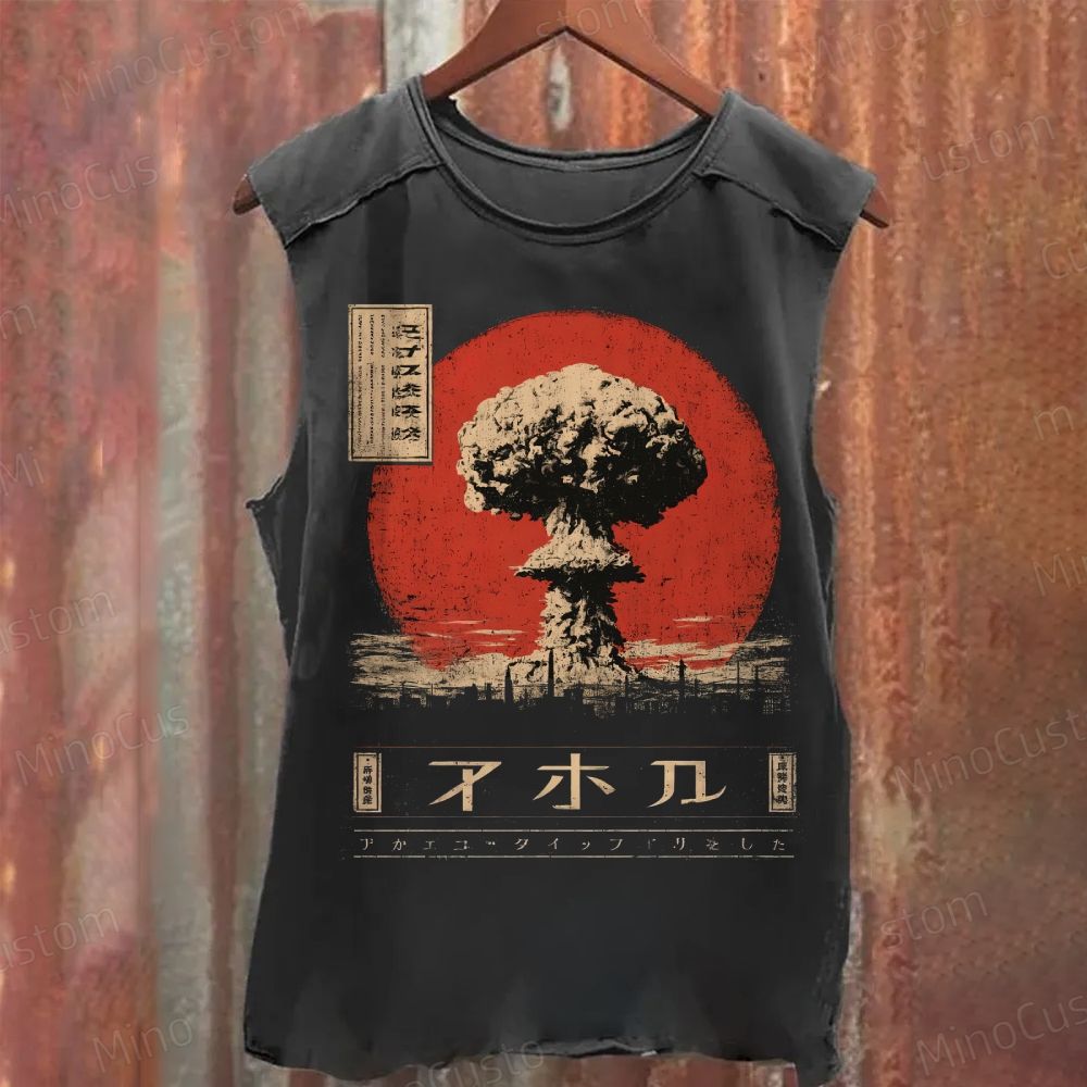 Atomic Cloud Vintage Japanese Poster Style – Dystopian Nuclear Aesthetic Washed Tank Top 