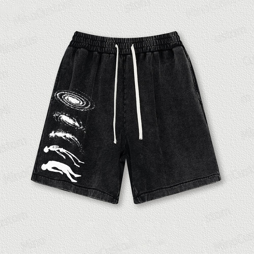Cosmic Skeleton & Figure Graphic Washed Shorts