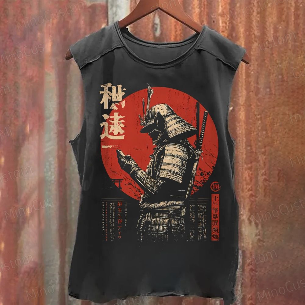 Samurai on Smartphone - Funny Japanese Vintage Tech Washed Tank Top 