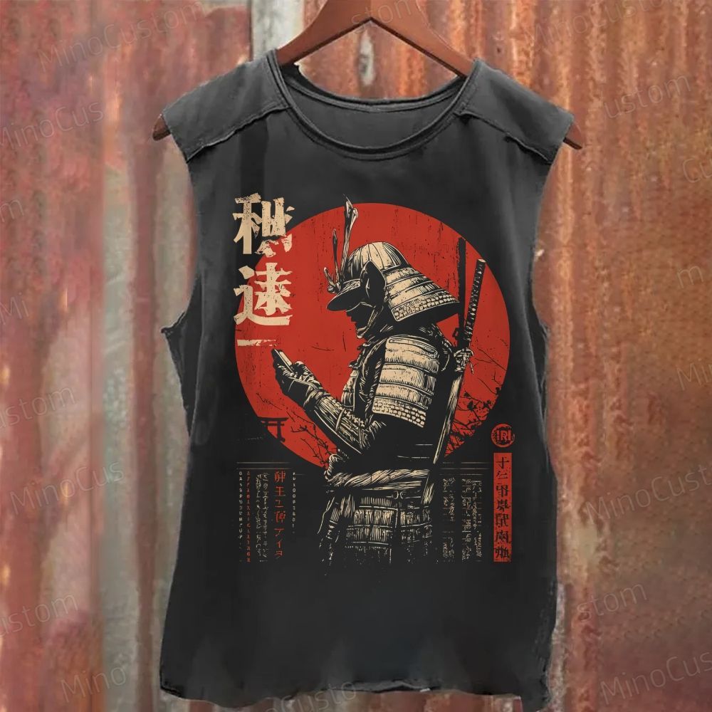 Samurai on Smartphone - Funny Japanese Vintage Tech Washed Tank Top