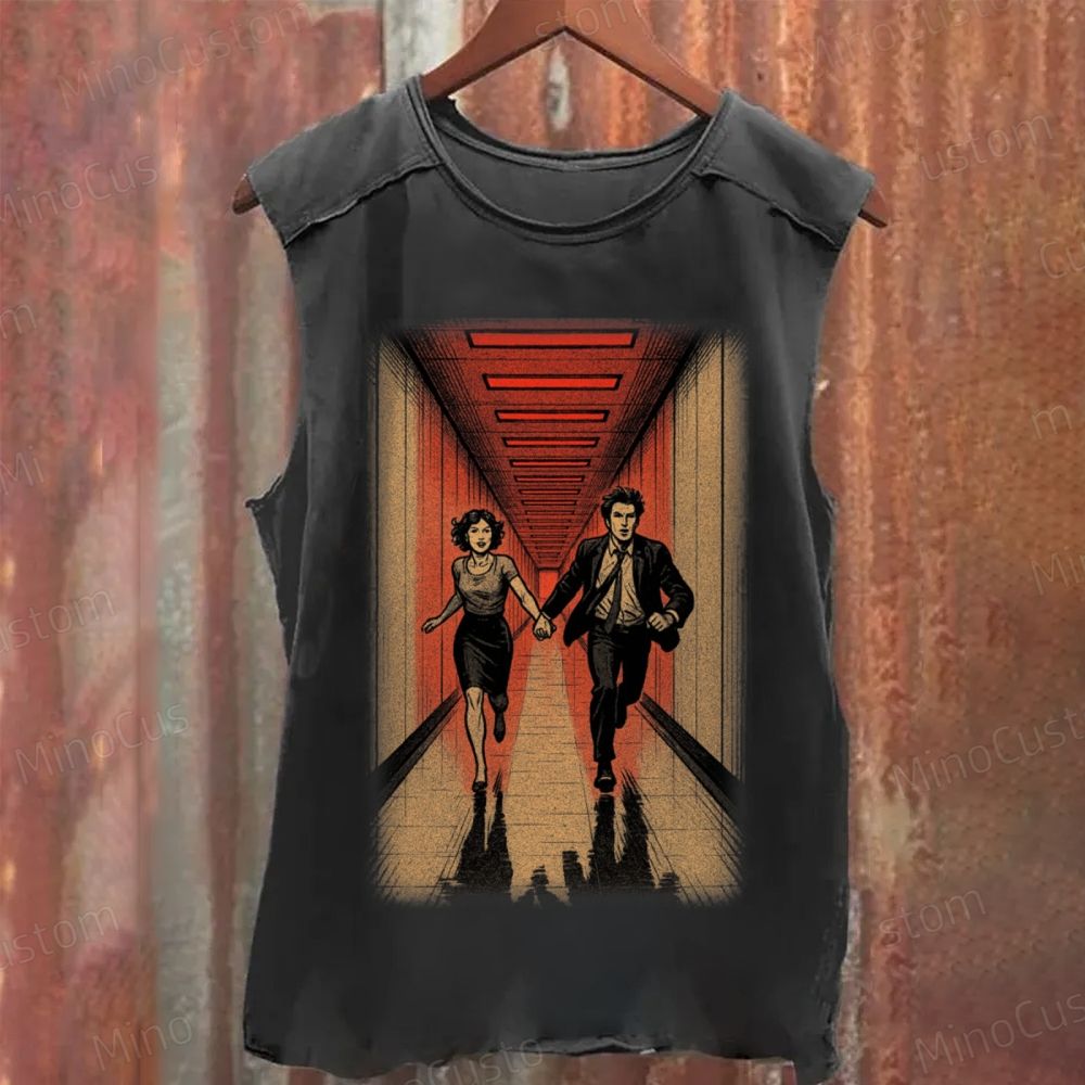 Vintage Retro Couple Running Graphic Washed Tank Top