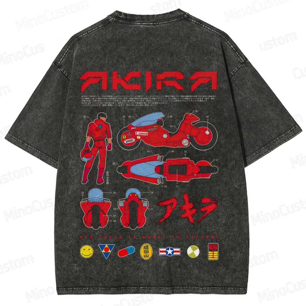 Vintage "Akira" Anime Motorcycle & Character Diagram Washed T-Shirt