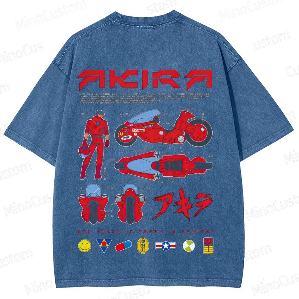 Vintage "Akira" Anime Motorcycle & Character Diagram Washed T-Shirt