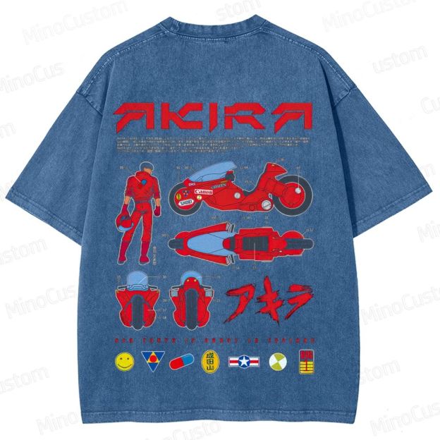 Vintage "Akira" Anime Motorcycle & Character Diagram Washed T-Shirt