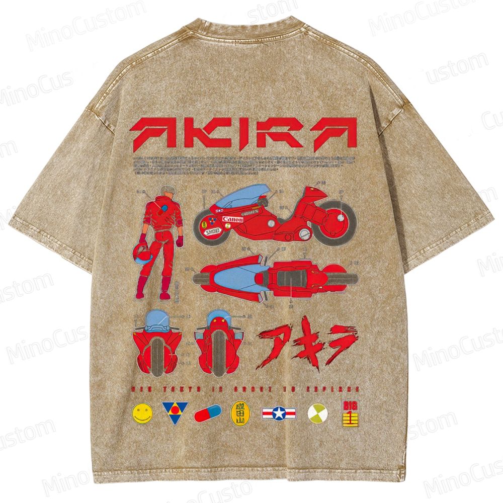 Vintage "Akira" Anime Motorcycle & Character Diagram Washed T-Shirt