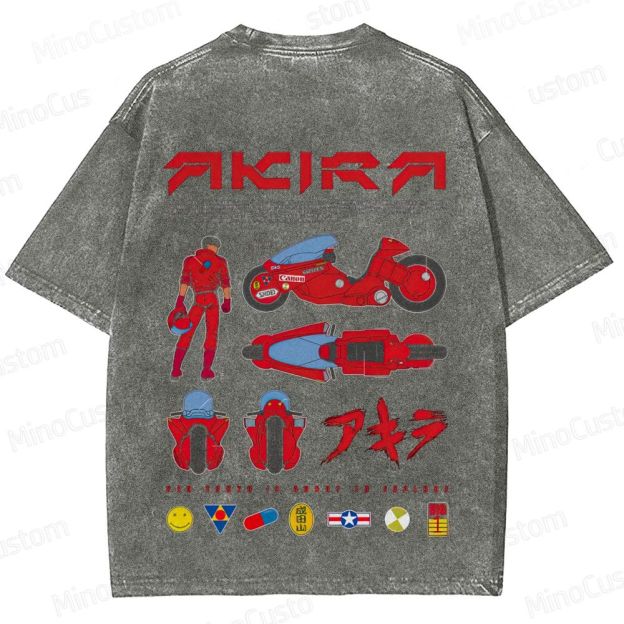 Vintage "Akira" Anime Motorcycle & Character Diagram Washed T-Shirt