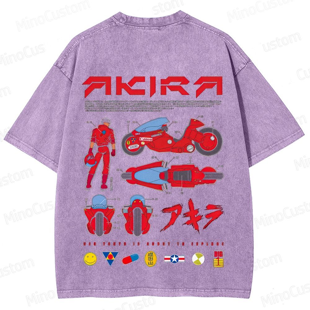 Vintage "Akira" Anime Motorcycle & Character Diagram Washed T-Shirt