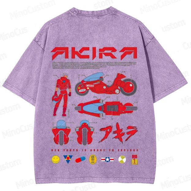 Vintage "Akira" Anime Motorcycle & Character Diagram Washed T-Shirt
