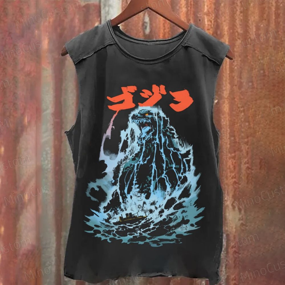 Godzilla Themed Washed Tank Top