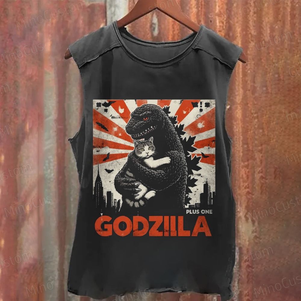 Godzilla and Cat Graphic Washed Tank Top
