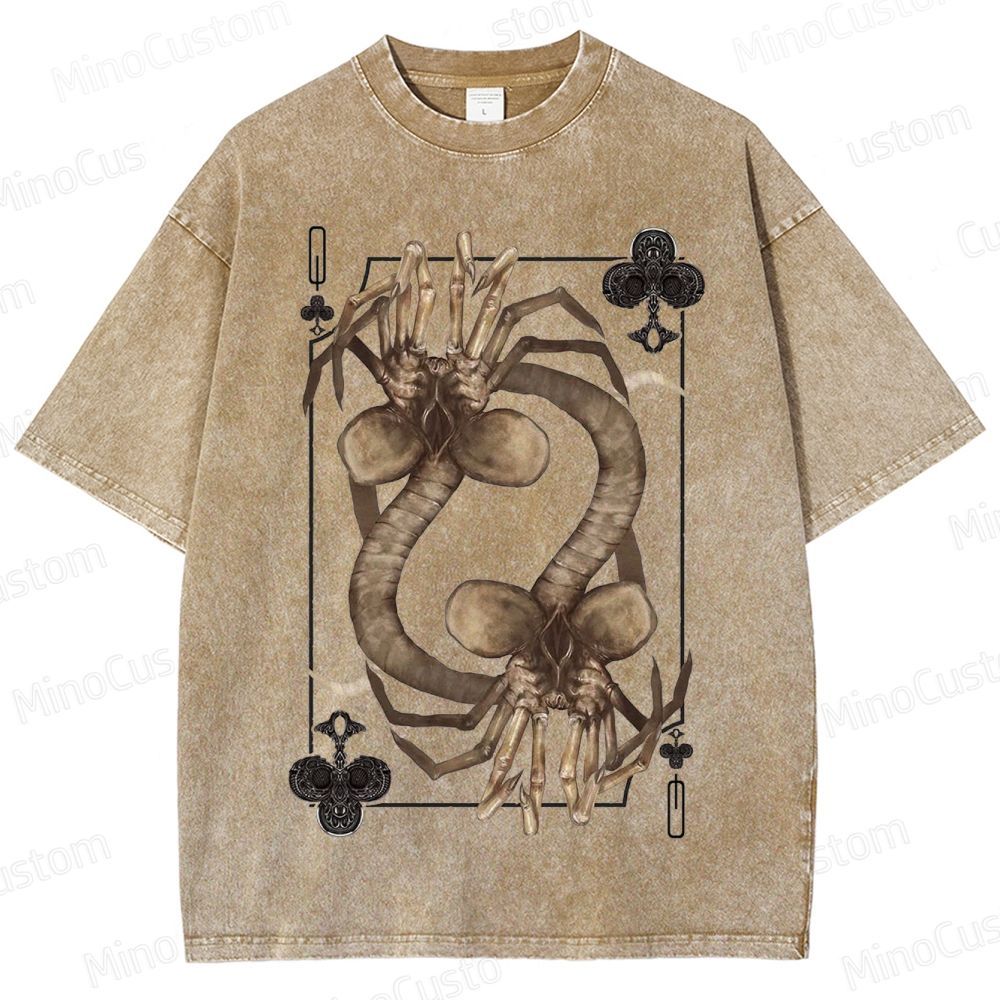 Alien Facehugger Card - Themed Graphic Washed T - Shirt