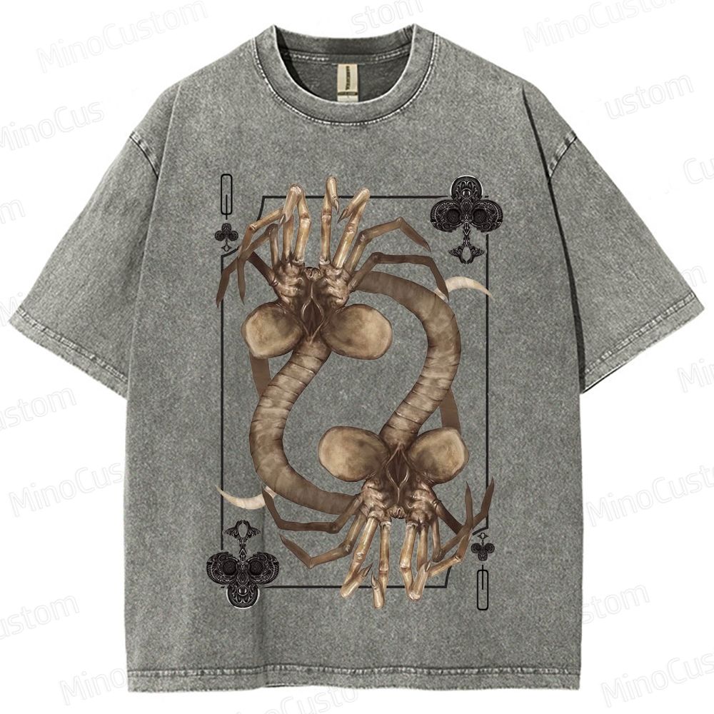 Alien Facehugger Card - Themed Graphic Washed T - Shirt