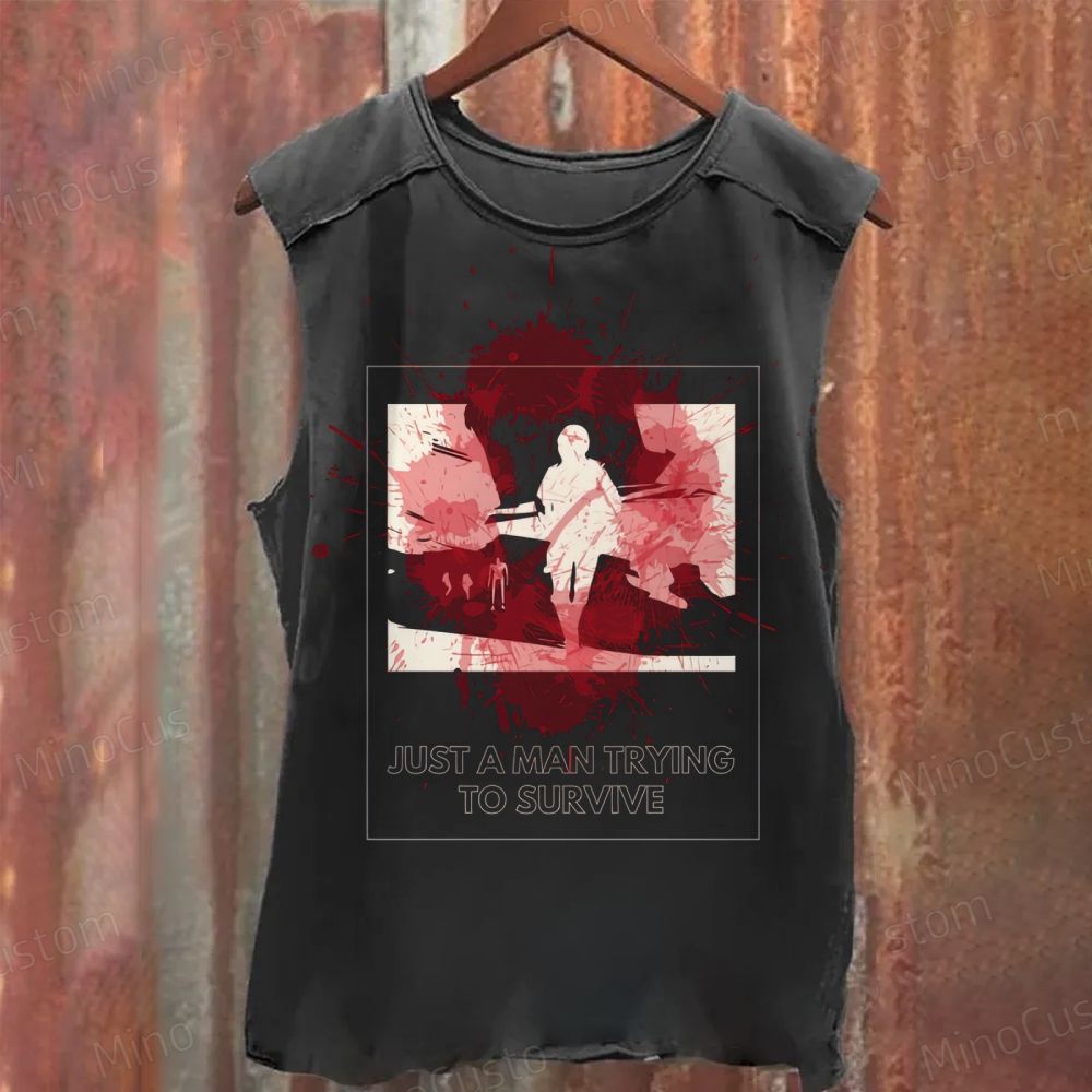"Just a Man Trying to Survive" Graphic Washed Tank Top