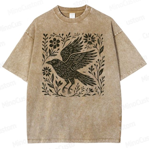 Folk Art Linoleum Carving Of A Crow Washed T-Shirt 