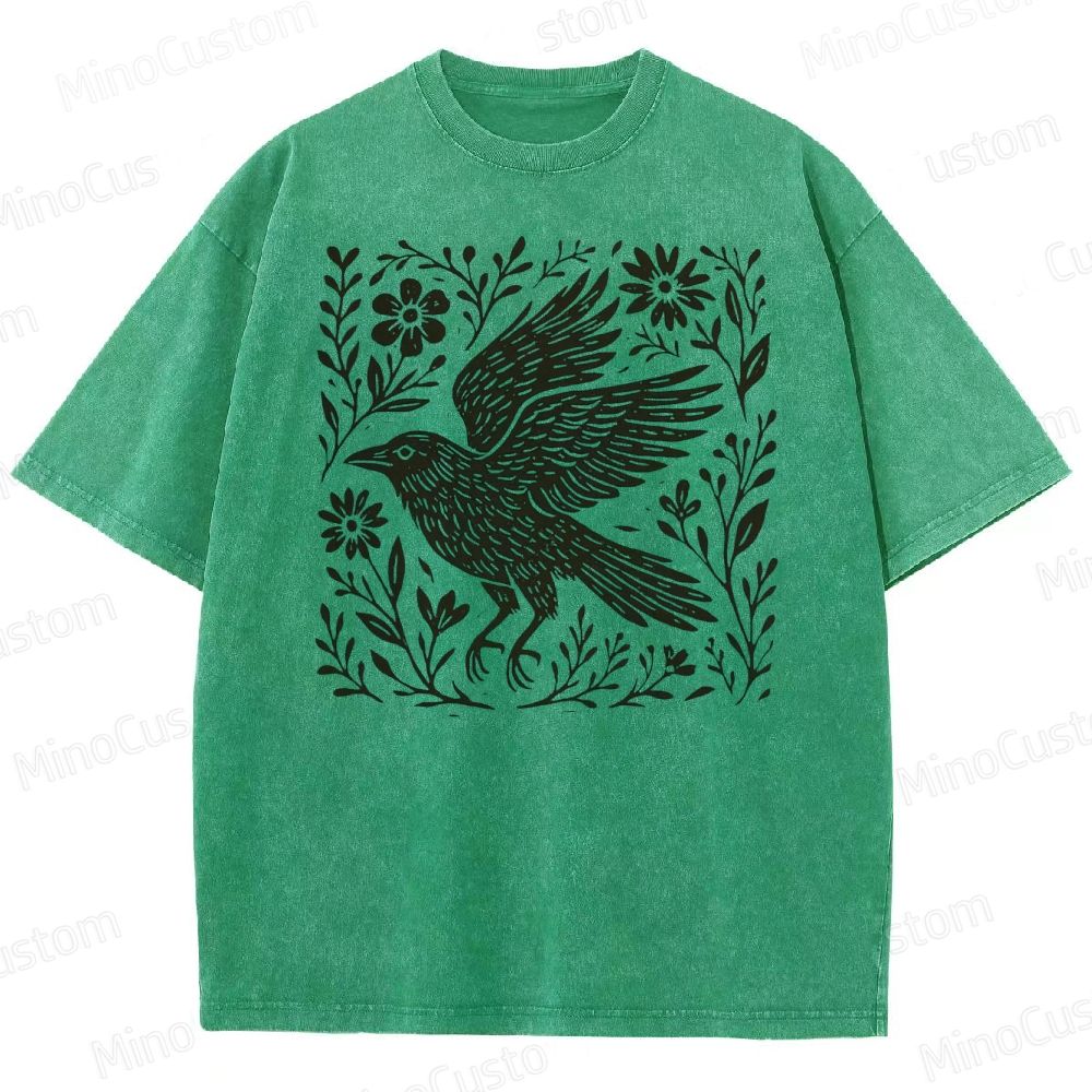 Folk Art Linoleum Carving Of A Crow Washed T-Shirt 