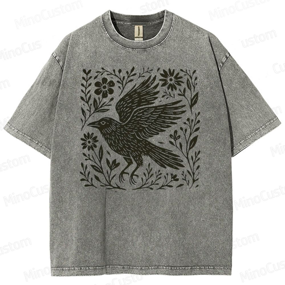 Folk Art Linoleum Carving Of A Crow Washed T-Shirt 