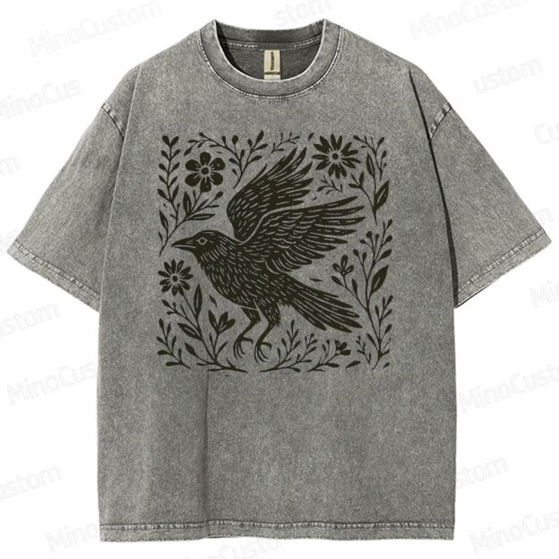 Folk Art Linoleum Carving Of A Crow Washed T-Shirt 