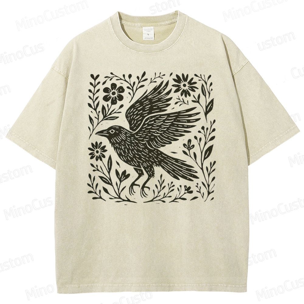 Folk Art Linoleum Carving Of A Crow Washed T-Shirt 