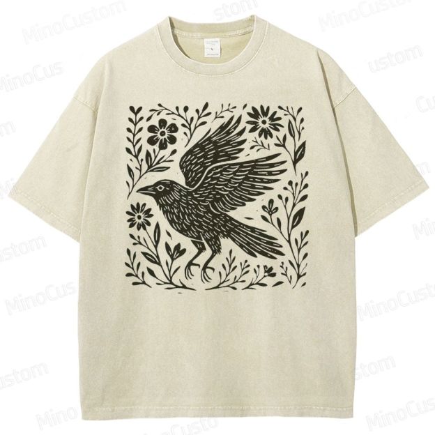 Folk Art Linoleum Carving Of A Crow Washed T-Shirt 