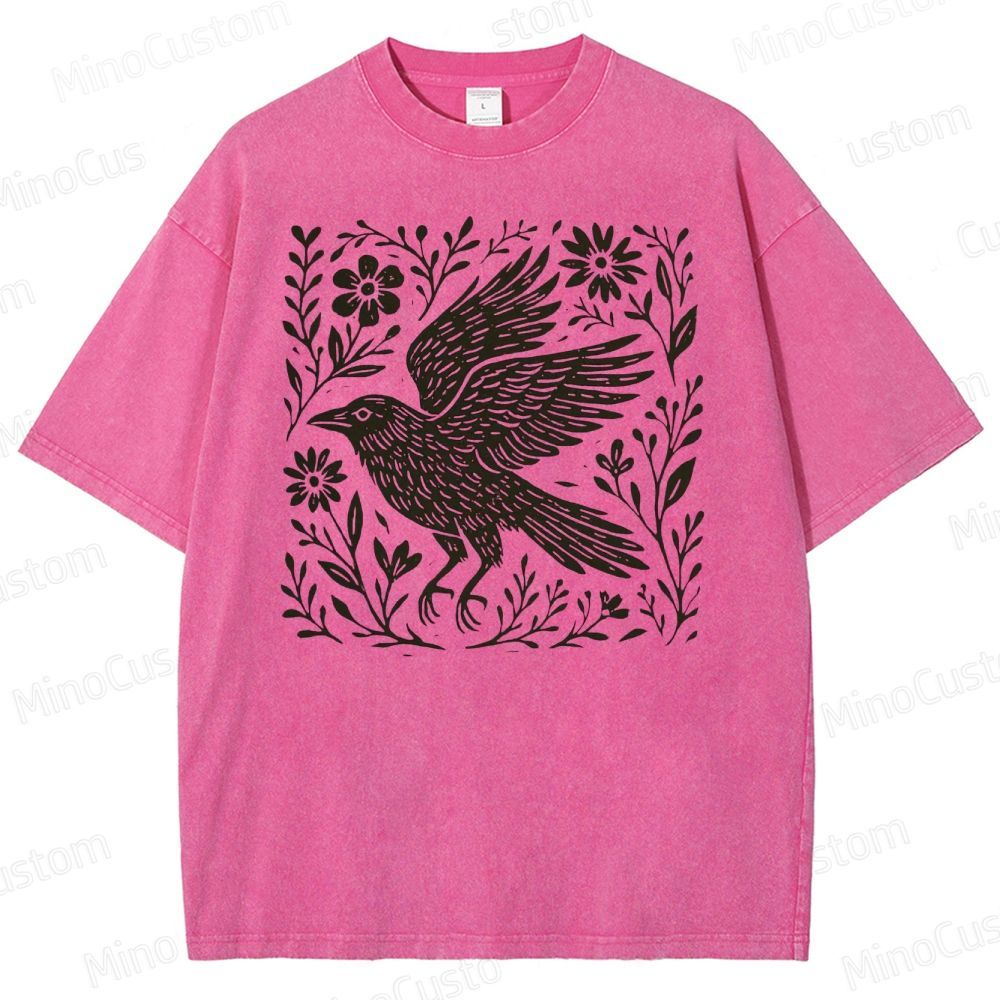 Folk Art Linoleum Carving Of A Crow Washed T-Shirt 