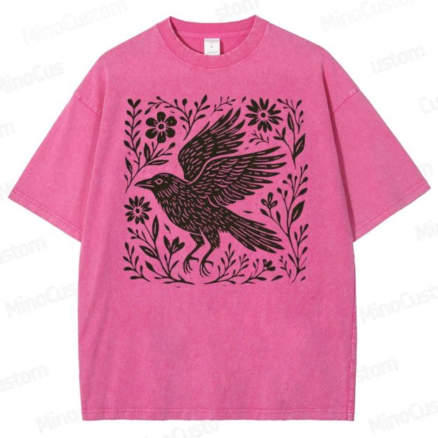 Folk Art Linoleum Carving Of A Crow Washed T-Shirt 