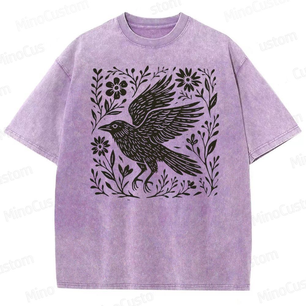 Folk Art Linoleum Carving Of A Crow Washed T-Shirt 