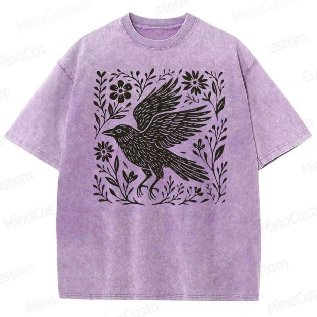 Folk Art Linoleum Carving Of A Crow Washed T-Shirt 