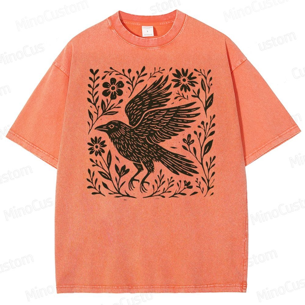 Folk Art Linoleum Carving Of A Crow Washed T-Shirt 