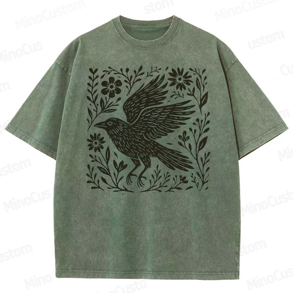Folk Art Linoleum Carving Of A Crow Washed T-Shirt 