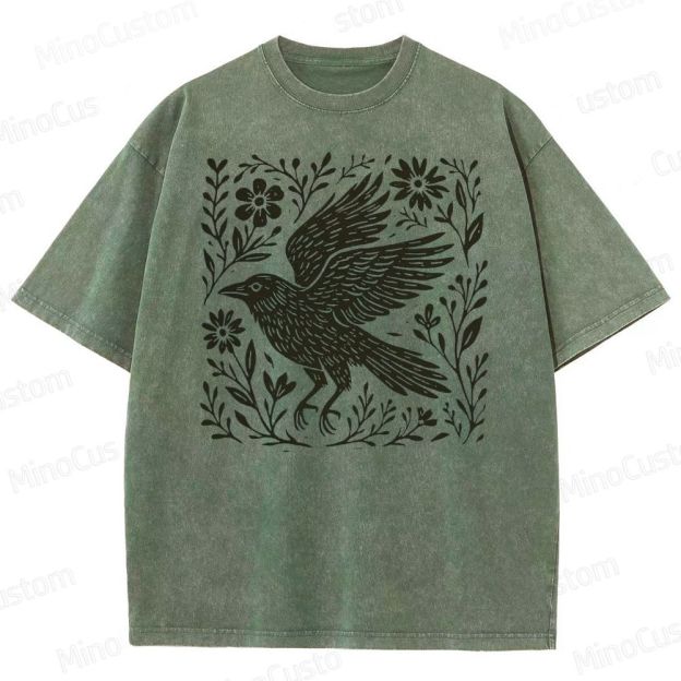 Folk Art Linoleum Carving Of A Crow Washed T-Shirt 