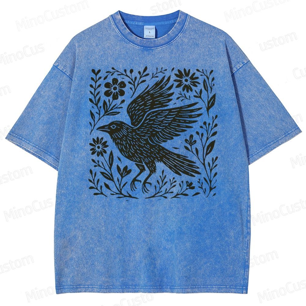 Folk Art Linoleum Carving Of A Crow Washed T-Shirt 