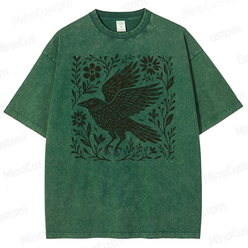 Folk Art Linoleum Carving Of A Crow Washed T-Shirt 
