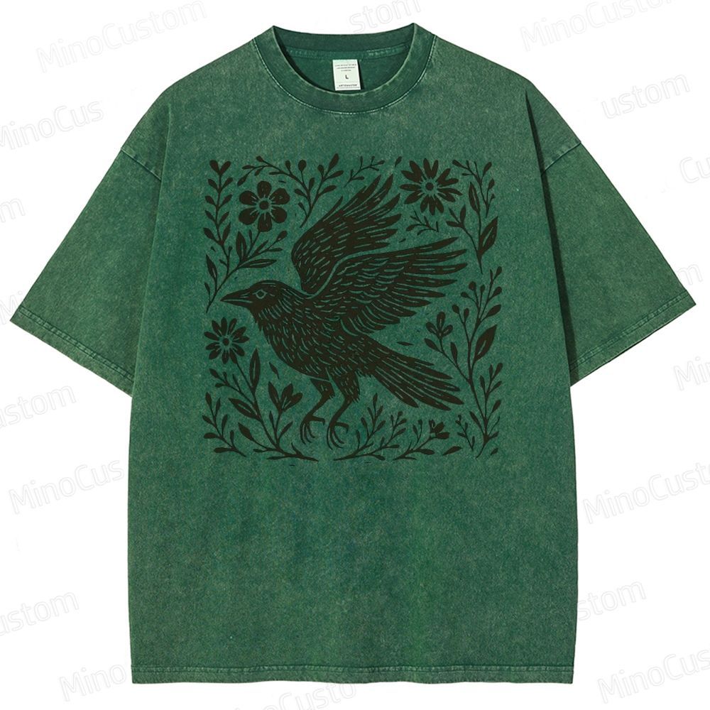 Folk Art Linoleum Carving Of A Crow Washed T-Shirt 