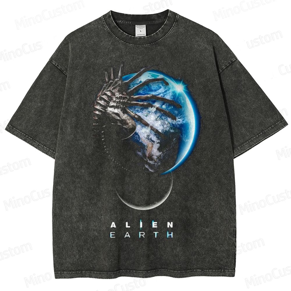 Alien Earth Sci - Fi Graphic Washed T - shirt