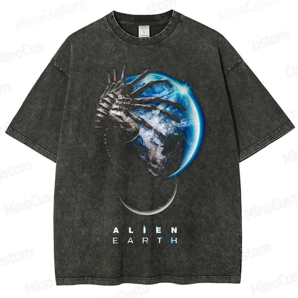 Alien Earth Sci - Fi Graphic Washed T - shirt
