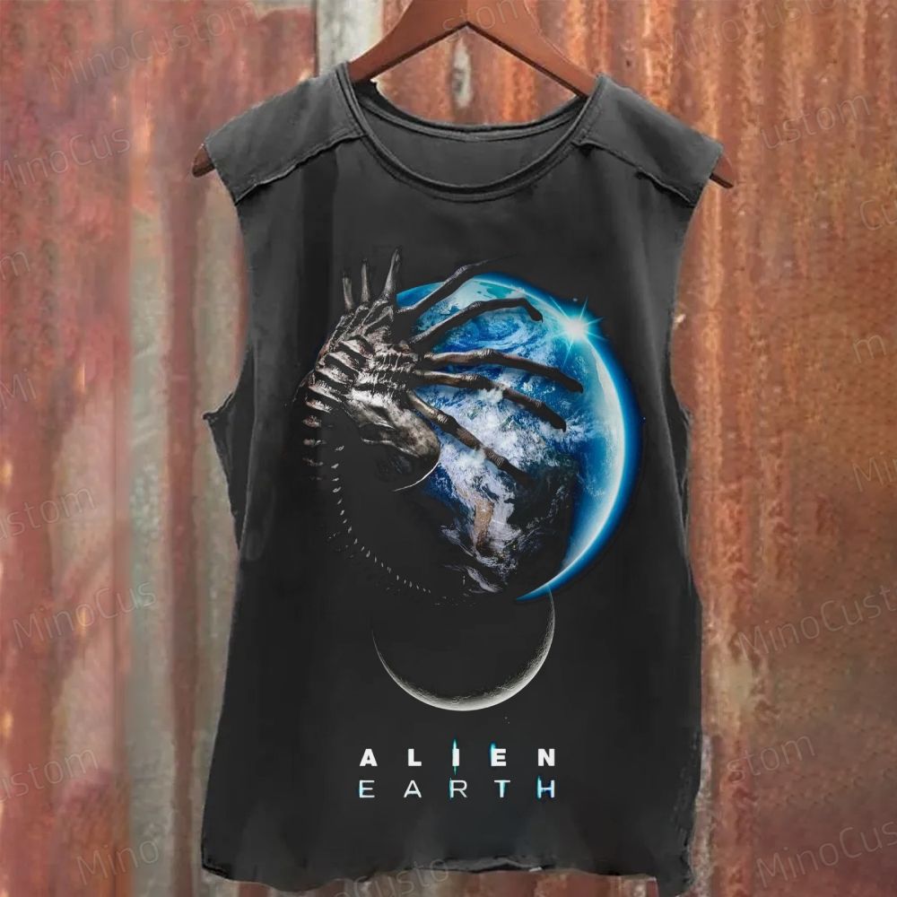 Alien Earth Sci - Fi Graphic Washed Tank Top