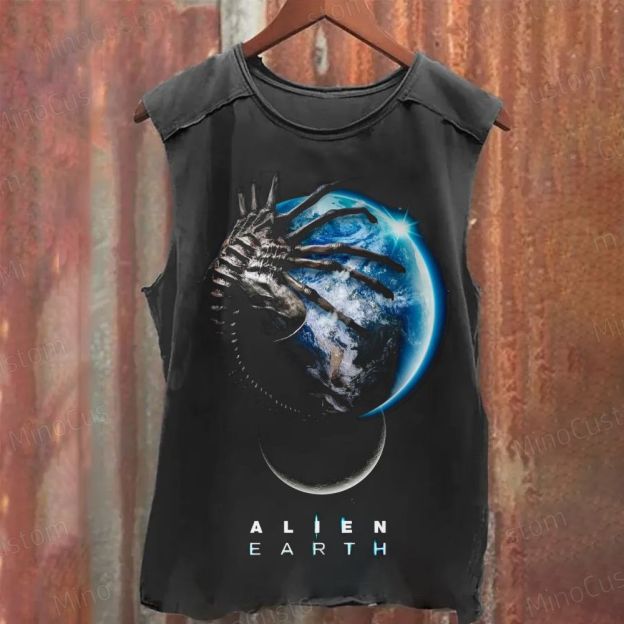 Alien Earth Sci - Fi Graphic Washed Tank Top